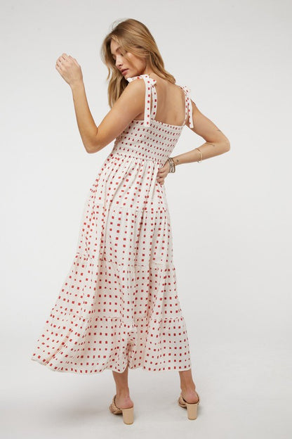 PRINTED SMOCKED RUFFLE MAXI DRESS