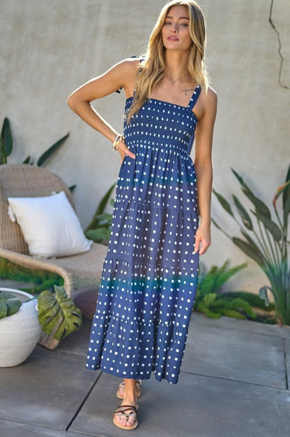 PRINTED SMOCKED RUFFLE MAXI DRESS