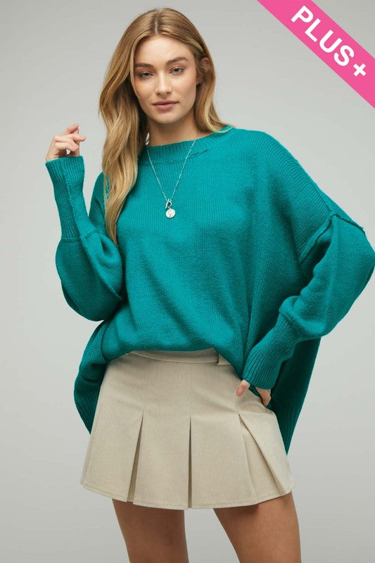 Plus Solid Boat Neck Long Sleeve Sweater