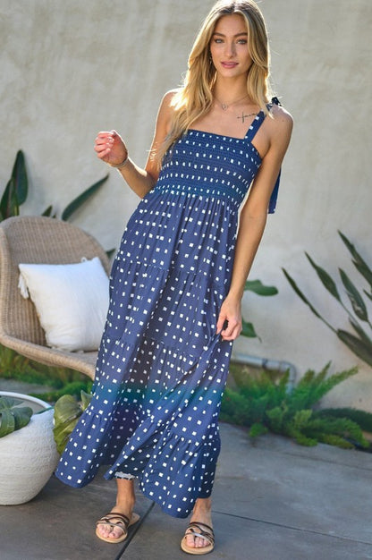 PRINTED SMOCKED RUFFLE MAXI DRESS